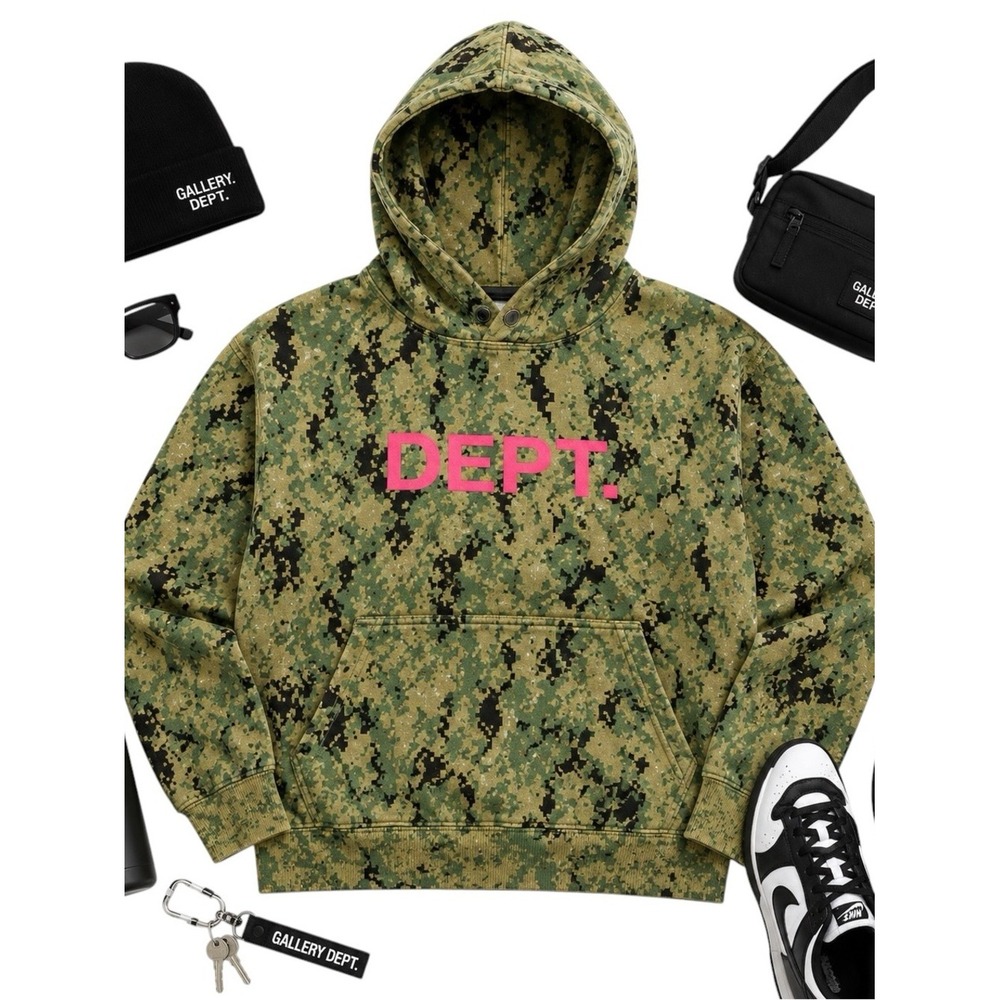 Gallery Dept Digital Camo Hoodie M Nylon Distressed Graphic Streetwear Rare FLAW